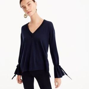 J. Crew Womens Blue 100% Merino Wool Bell Sleeve V-Neck Pullover Sweater Size XS